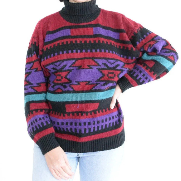 Vintage 90'S Vanderbilt Maroon Black Purple Aztec Turtleneck  Knit Sweater M - Picture 2 of 13